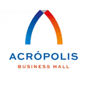 Acropolis Business Mall logo with blue and orange arches and text.