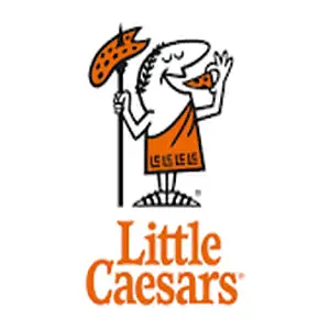 Little Caesars mascot holding a pizza, logo, and branding elements.